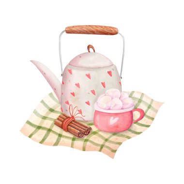 Çaydanlıklı suluboya sonbahar kompozisyonu, tarçın çubukları, kakaolu pembe kupa ve ekose battaniyeli marşmelov, beyaz üzerine izole edilmiş. Hygge tasarımları ve kartlar için vintage tarzında samimi sonbahar zirvesi