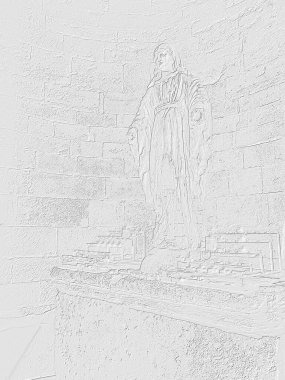 Siyah beyaz bir insan resmi olan beyaz bir arkaplan. Çizim bulanık ve çok fazla detay içeriyor.