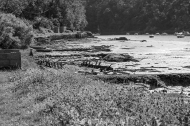 Görüntü, denizde birkaç tekne olan bir plajın siyah beyaz fotoğrafı. Kumsal kayalarla çevrili ve küçük bir çimen alanı var.