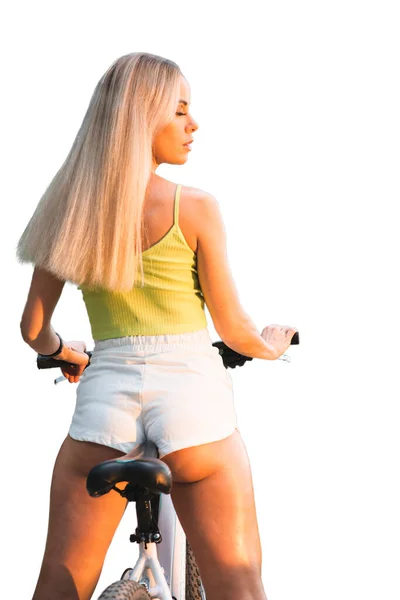 Gyönyörű Mosolygós Lány Kerékpár Mellett — Stock Fotó