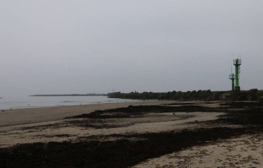 Sahilde koyu deniz yosunları olan bulutlu sahil manzarası, yeşil bir gözlem kulesi, ve uzakta dalgalı bir su, yalnızlık ve kıyı atmosferini çağrıştırıyor..