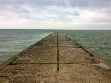 Çatlak ve çimen yamalı uzun beton iskele, her iki tarafında sakin su, kenarlarda tünemiş martılar, bulutlu bir gökyüzü altında ve en az kıyı manzarası