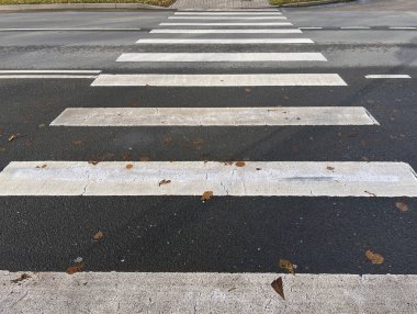 Siyah asfalt üzerinde beyaz çizgili yaya geçidi, dağınık sonbahar yaprakları, ve arka planda kaldırım, görünür bir araç yok..