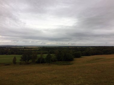 Yuvarlanan tarlaları, karanlık ormanları ve huzurlu yalnızlığı çağrıştıran uçsuz bucaksız bulutlu gökyüzü ile bulutlu kırsal alan..