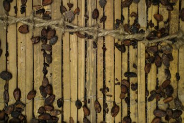 Paralel sıra dizilmiş kakao çekirdekleri ile dolu çoklu ahşap kurutma raflarının geniş görüşü. Çapraz kirişler ve destekler, çerçeve boyunca tekrarlanan bir geometrik desen oluşturur. Sıcak tonlar ve yumuşak ışıklandırma, doğal ahşap ve zengin kahverengi fasulyeleri vurgular..