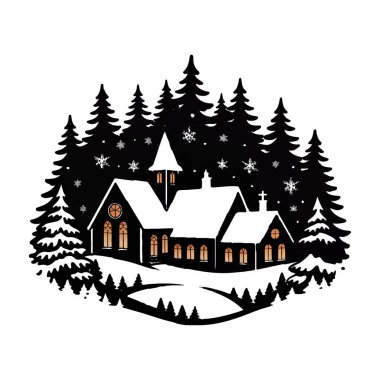 Kış kilisesi karla kaplı çam ağaçlarının arasında.