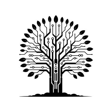 Devre kartı dalları ve yaprakları olan bir ağacın vektör sanatı doğanın ve teknolojinin birleşimini temsil eder.