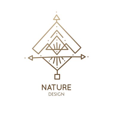 Soyut doğa logosu. Vektör geometrik rozet. Kutsal simya sembolü. Soyut şekillerin ana simgesi, piramyd - tasarım kartı, simya, zen, ekoloji, din kavramları için iş amblemi, yoga merkezi.
