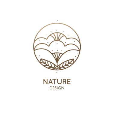 Çiçek logosu şablonu. Vektör amblemi çiçek bitkisi daireler çiziyor. Doğal ürünler, çiçekçi dükkanı, kozmetik ve ekoloji konseptleri, sağlık, spa ve yoga merkezi tasarımları için soyut yuvarlak rozet.