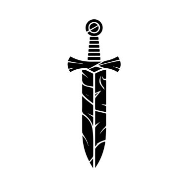 Beyaz arka planda izole edilmiş süslü bir kabzası olan siyah bir kılıç.