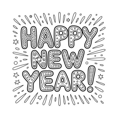 Dekoratif desenleri ve yayılan çizgileri olan mutlu yeni yıl yazıları, beyaz arka planda izole edilmiş kutlama tasarımları için mükemmel.