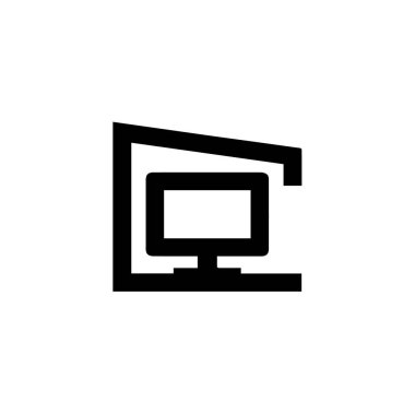 Ofisi temsil eden, beyaz arkaplanda izole edilmiş bir odadaki bilgisayarın simgesi