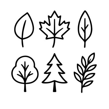 Beyaz zemin üzerinde izole edilmiş çeşitli yaprak ve ağaç simgelerinin toplanması, minimalist bir tarzda farklı türde yaprak ve ağaç formlarını temsil eder.