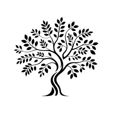Beyaz arka planda yaprak ikonu olan ağaç basit ve zarif bir tasarımla doğayı, büyümeyi ve yaşamın birbirine bağlılığını temsil ediyor.