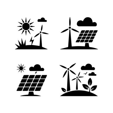 Güneş paneli ve rüzgar türbini içeren yenilenebilir enerji simgelerinin toplanması, sürdürülebilir enerji üretimini temsil eden beyaz arka planda izole edilmiştir.