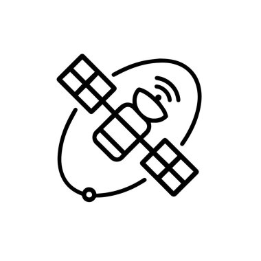 Beyaz arka planda izole edilmiş, Dünya 'nın yörüngesinde dönen bir uydunun siyah-beyaz çizimi.