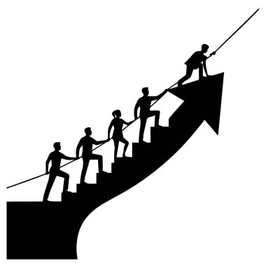 Beyaz arka planda izole edilmiş, bir ok merdivenine tırmanan insanların siyah beyaz bir çizimi.