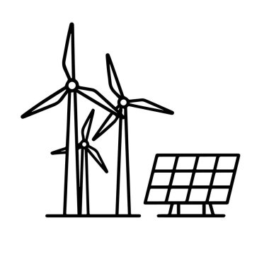 Yenilenebilir enerji simgesi beyaz arkaplanda izole edilmiş, rüzgar türbinleri ve güneş paneli gösteriliyor, sürdürülebilir enerji üretim yöntemlerini temsil ediyor