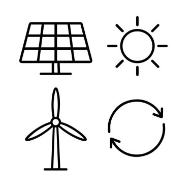 Beyaz arka planda izole edilmiş güneş paneli, güneş, rüzgar türbini ve geri dönüşüm sembolü gibi yenilenebilir enerji kaynaklarının çizgi çizimi