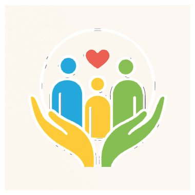 Beyaz arka planda elleri ve kalbi olan aile bakım logosu izole edilmiş.