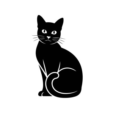 Beyaz arka planda izole edilmiş kıvrık kuyruklu, dik oturan siyah bir kedi.