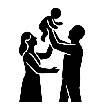 Beyaz arka planda izole edilmiş bir bebek havalanırken kutlama yapan bir aile.