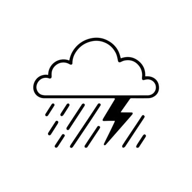 Beyaz arka planda izole edilmiş fırtına bulutu, yağmurlu bir hava olayı ve güçlü bir elektrik boşalması tasvir ediyor.