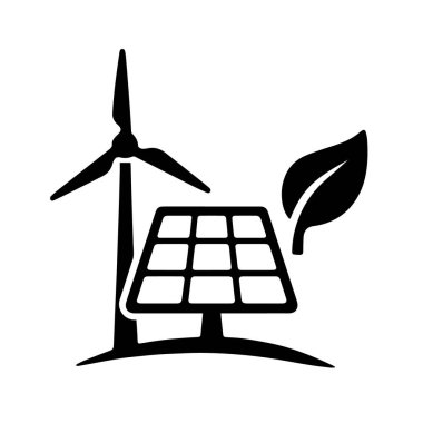 Beyaz zemin üzerinde yaprak izole rüzgar türbini ve güneş paneli, daha yeşil ve çevre dostu bir gelecek için sürdürülebilir enerji kaynakları sergiliyor