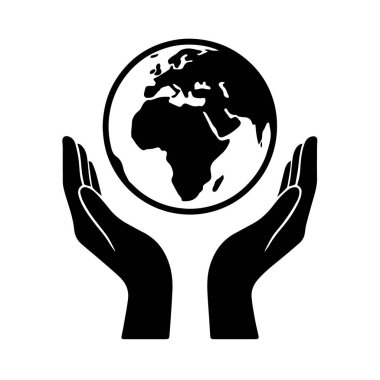 Dünyayı tutan ellerin tasviri, beyaz arka planda izole edilmiş çevresel koruma ve küresel sorumluluğu sembolize ediyor