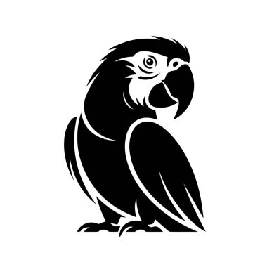 Çarpıcı papağan silueti beyaz arka planda izole edilmiş, çeşitli yaratıcı ve dekoratif uygulamalar için cesur ve grafik bir kuş çizimi sergiliyor