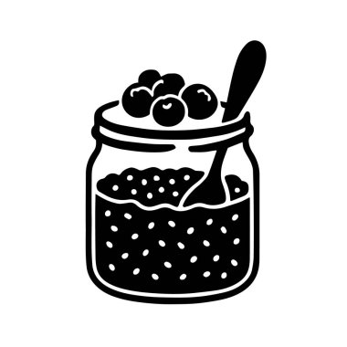 Böğürtlenli ve kaşıklı bir kavanozun siyah beyaz çizimi