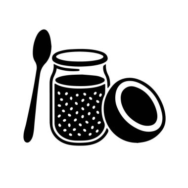 Hindistancevizi tohumu pudingi kavanozu. Yanında da bir kaşık ve yarım hindistan cevizi.