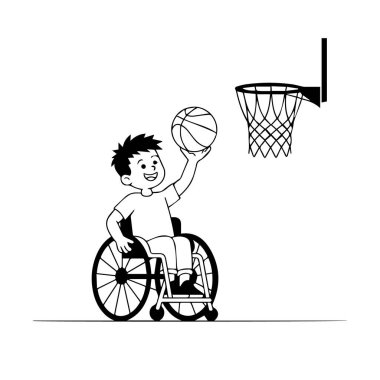 Tekerlekli sandalyedeki çocuk basketbol, aktif oyun ve kararlılık oynuyor.