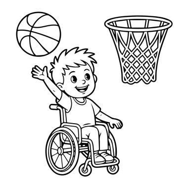 Tekerlekli sandalyedeki çocuk eğlence ve kararlılıkla basket oynuyor.