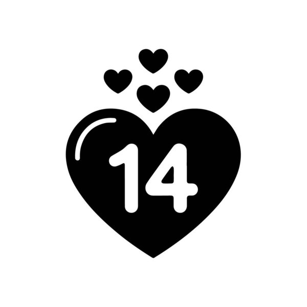 Black heart icon with number fourteen and smaller hearts