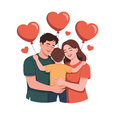 Sevgi dolu aile birlikte mutlu bir günde kalp balonlarıyla kucaklaşır.