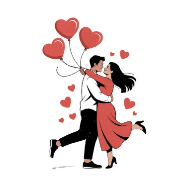 Romantik çift, havada süzülen kalp balonlarıyla şefkatle öpüşüyor.