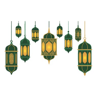 Ramazan dekorasyonu için güzel yeşil ve altın renkli fenerler
