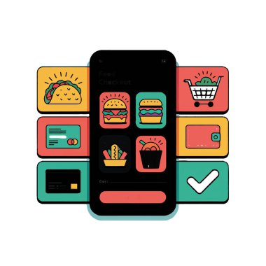 Çeşitli menü ögeleri ve ödeme seçenekleri içeren mobil yiyecek sipariş uygulaması