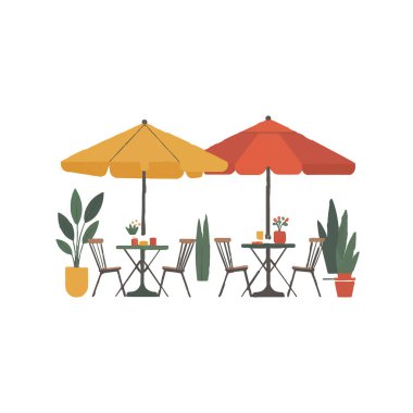 Renkli şemsiyeleri ve yemyeşil bitkileri olan rahat bir kafeterya.