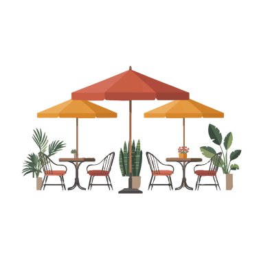 Canlı şemsiyeler ve yemyeşil bitkilerle rahat bir bahçe düzeneği.