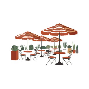 Kırmızı şemsiyeli ve saksı bitkilerli rahat bir kafeterya.