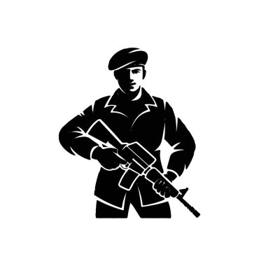 Üniformalı asker kendine güvenen bir tüfek tutuyor.