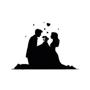 Çiçekli ve kalpli romantik çift silueti