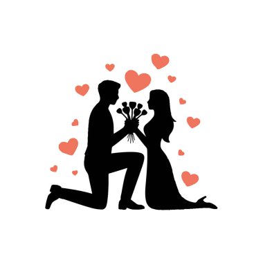 Çiçekler ve kalplerle romantik evlenme teklif sahnesi