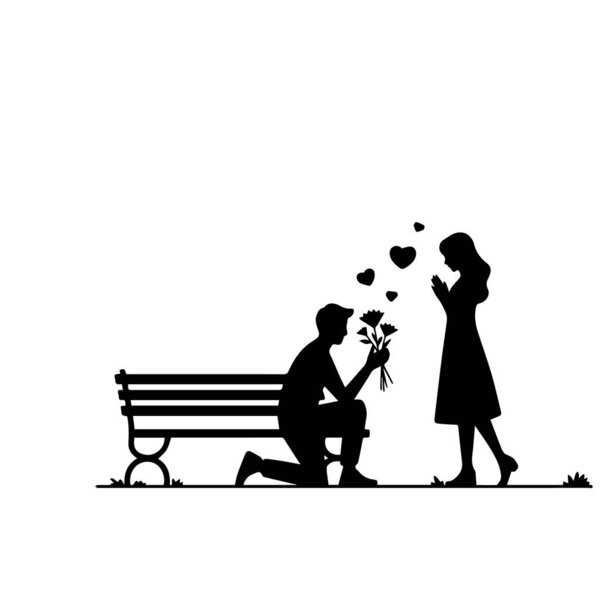 Romantic proposal scene with man kneeling and giving flowers