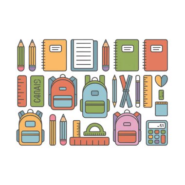 Canlı okul malzemeleri ve renkli eğitim çantaları.