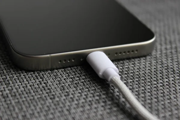 Örgülü bir USB-C kablosunun yakın plan görüntüsü gri örülmüş bir yüzeyde modern bir akıllı telefona güvenli bir şekilde takıldı. Kopyalama alanı olan temiz teknik detay.
