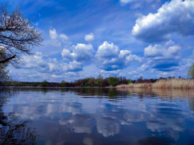 Su yüzeyinde sazlıklar ve bulutlar yansıyan geniş nehir manzarası. Kırsalda sakin bir bahar günü, panoramik bir hava..