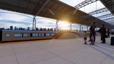 Kalabalık yüksek hızlı tren istasyonuna giriyor ve binmek için bekliyor (3D yazılım Lumion AI olmayan yapar)